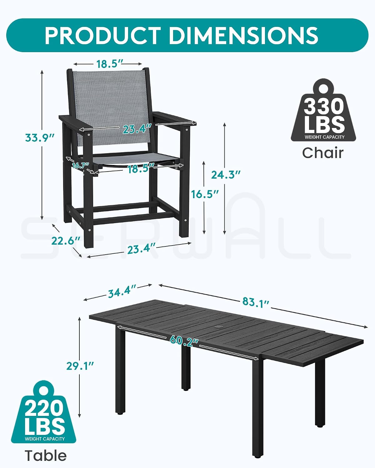 SERWALL Outdoor Dining Chairs Set of 2, All-Weather HDPE Patio Armless Chairs Suitable Outdoor Dining Table, Black