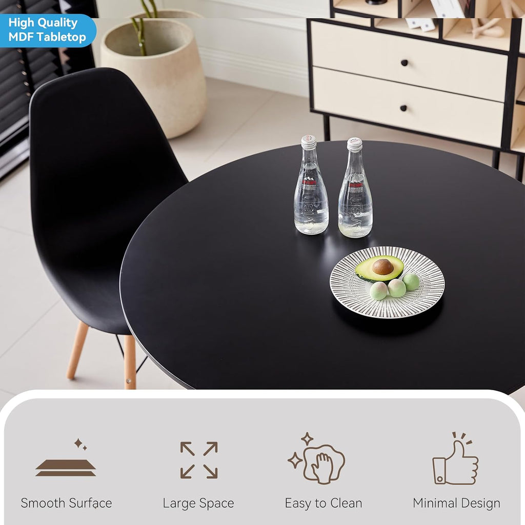 5-Piece 35.5' Round Dining Table Set, Small Kitchen Table Chairs Set of 4 Plastic Seats, Solid Wood Legs, Space Saving Furniture for Living Room Apartment Office Home, Black