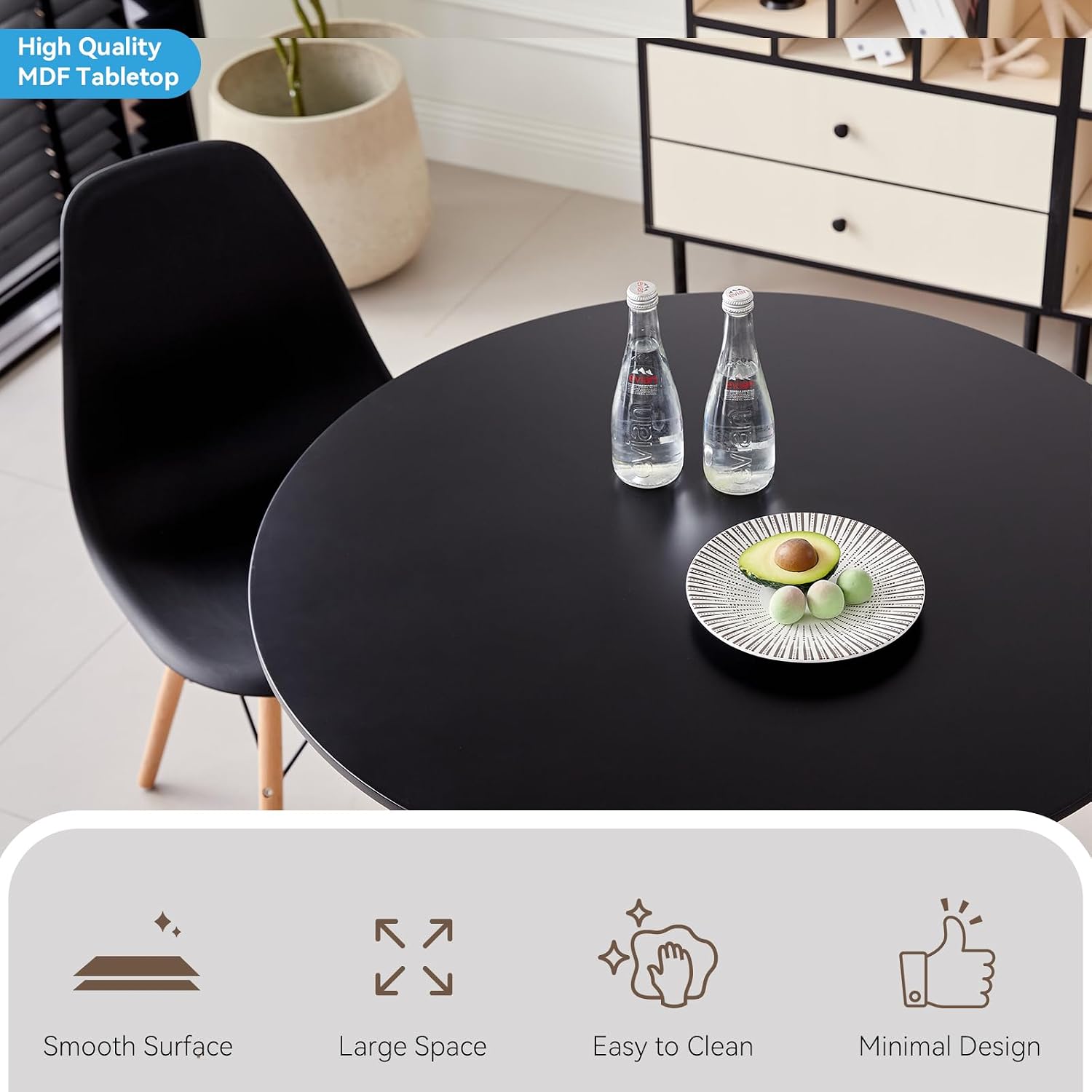 5-Piece 35.5' Round Dining Table Set, Small Kitchen Table Chairs Set of 4 Plastic Seats, Solid Wood Legs, Space Saving Furniture for Living Room Apartment Office Home, Black