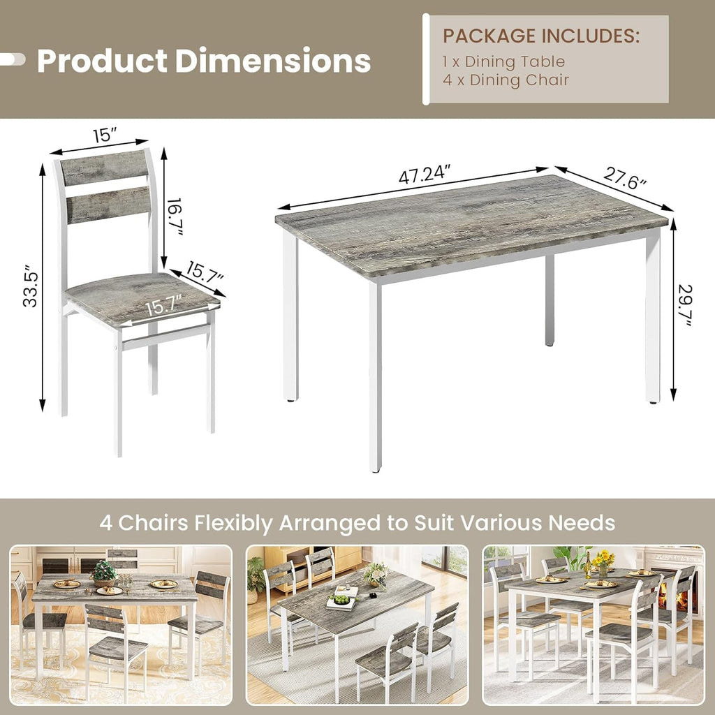 Recaceik Dining Table Set for 4 Wood Kitchen Table Chairs Set, 47 '' Farmhouse 5 Piece Dining Room Table Set, Space-Saving Dinette Set for Breakfast Nook, Apartment, Grey