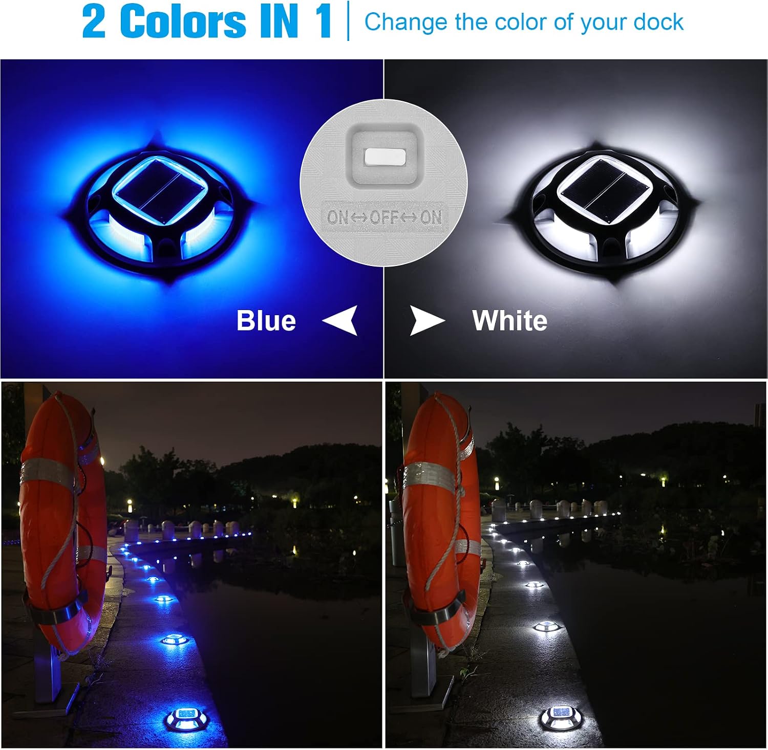 VOLISUN 24 Pack Solar Path Lights, Modern Outdoor Deck Lights, 2 Colors in 1, Waterproof, Solar Powered, Blue, Silver, Outdoor, Driveway, Dock, Stairway, Deck