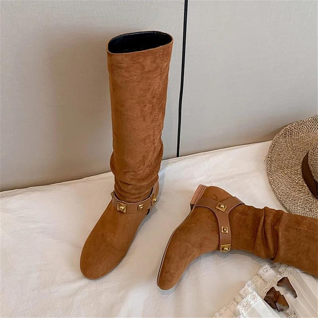 Women's Round Toe Suede Knee High Boots Low Heel Metal Rivet Belt Buckle Fall Winter Fashion Shoes