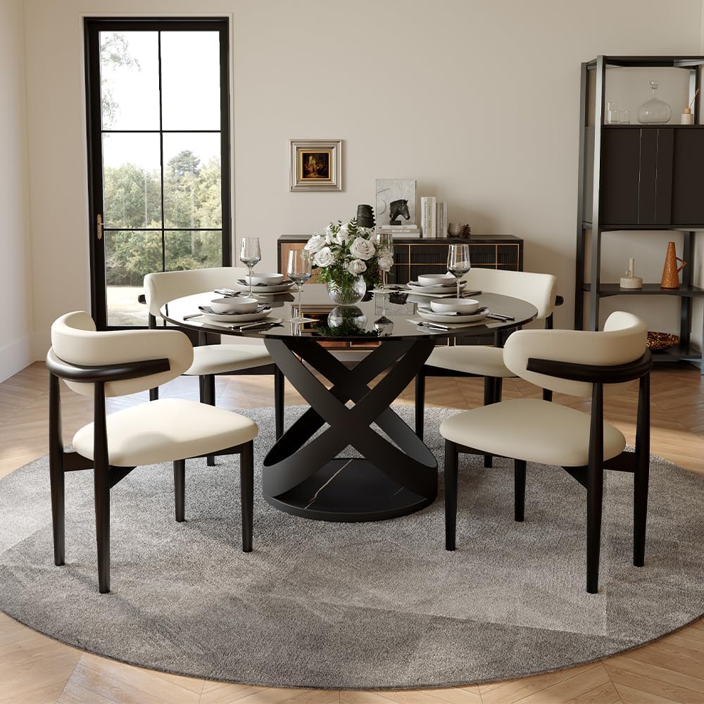 POVISON 51' Modern Round Dining Table, Glass Round Kitchen Table for 4, Tempered Glass Dining Room Table top with Black X Carbon Steel Base (Dining Table Only)