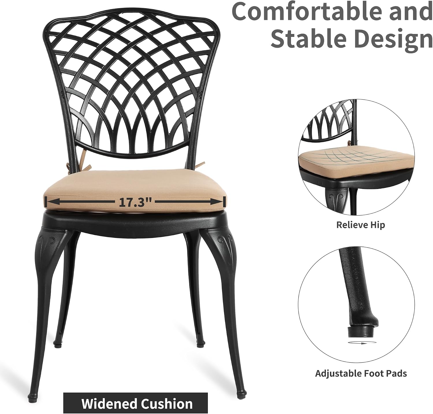 HOMEFUN Thickened Heavy-Duty Cast Aluminum Bistro Set of 2 Outdoor 3 Piece Patio Set with Padded Cushion, Ultra Sturdy Rustproof All-Weather for Garden Balcony, Black