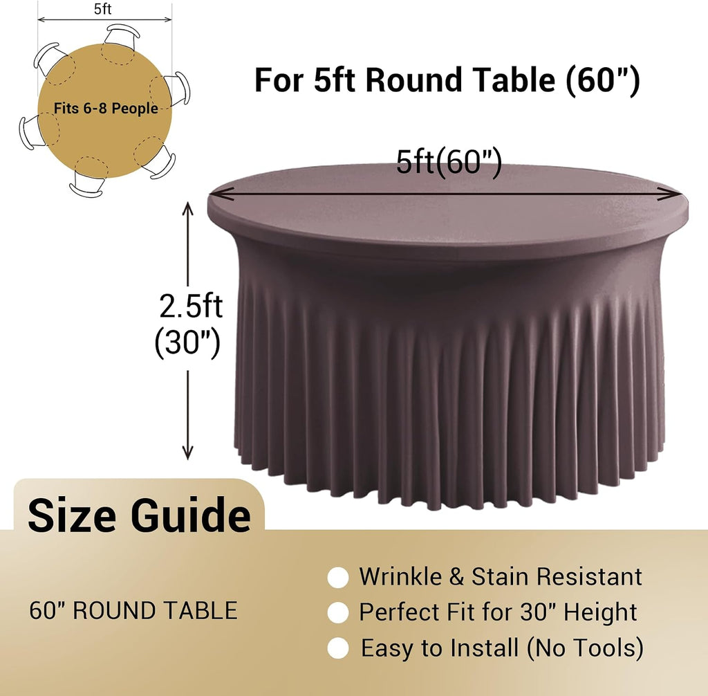 Outpain 6 Pack Brown Spandex Tablecloth for 60in/5FT Round Tables,Stretchy 120inch Fitted Round Table Cloths, Wrinkle Free Tablecloth with Skirt for Wedding, Graduation & Banquet