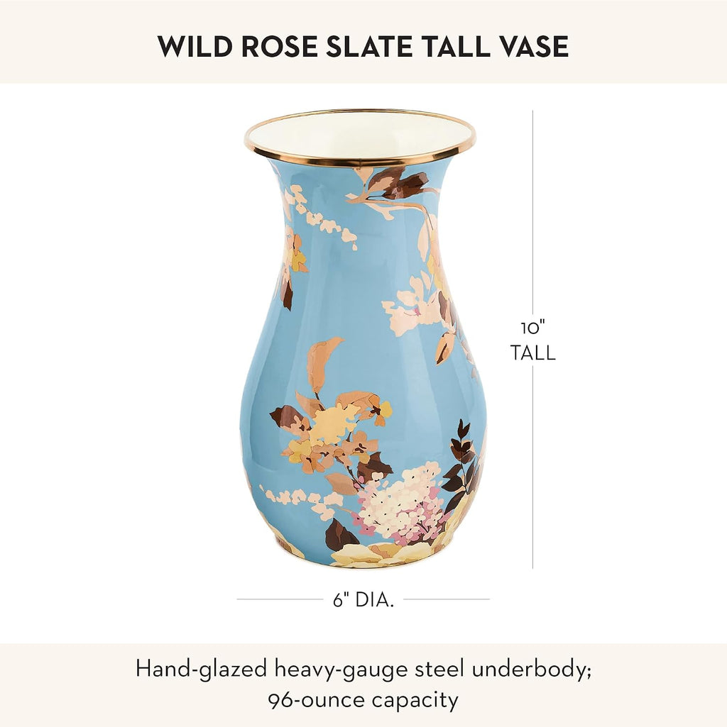 MACKENZIE-CHILDS Tall Enamel Vase, Unique Flower Vase Decor for Living Room, Wild Rose Slate