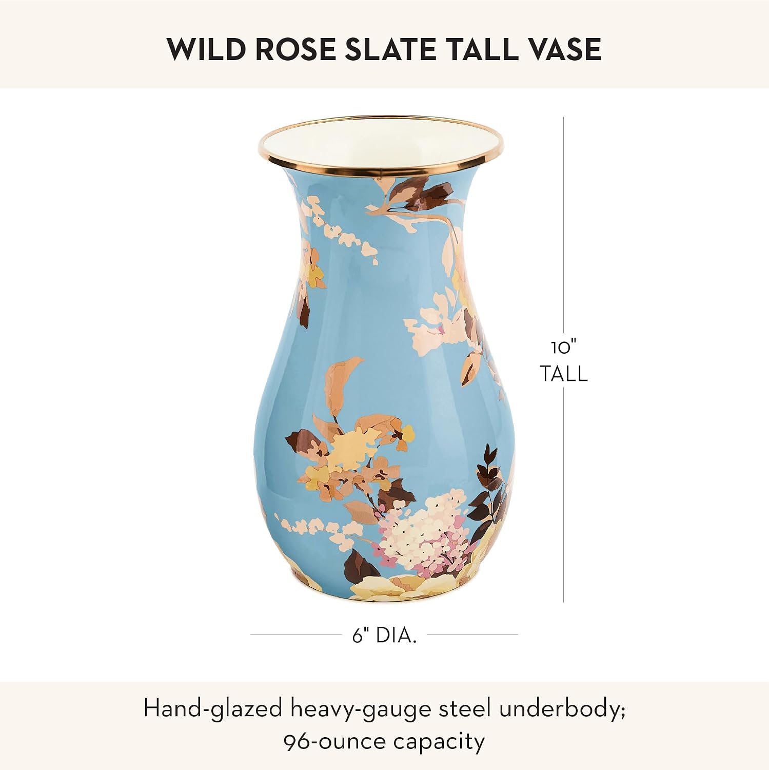 MACKENZIE-CHILDS Tall Enamel Vase, Unique Flower Vase Decor for Living Room, Wild Rose Slate