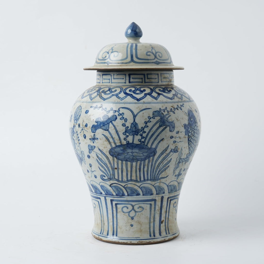 Handmade 41' Ceramic Ginger Jar w/Lid - Classic Chinese Style Porcelain Jar Tea Storage for Home Decor DecorativeTemple Jar Centerpiece Vintage Accent Antique Vase (Blue And White)