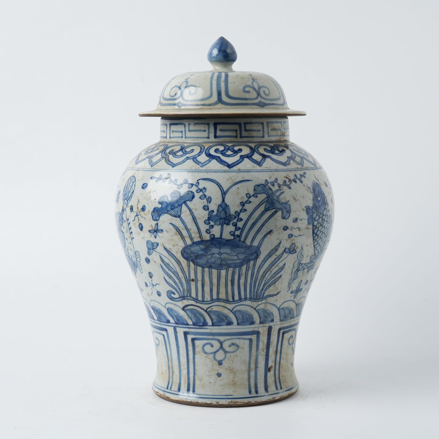 Handmade 41' Ceramic Ginger Jar w/Lid - Classic Chinese Style Porcelain Jar Tea Storage for Home Decor DecorativeTemple Jar Centerpiece Vintage Accent Antique Vase (Blue And White)
