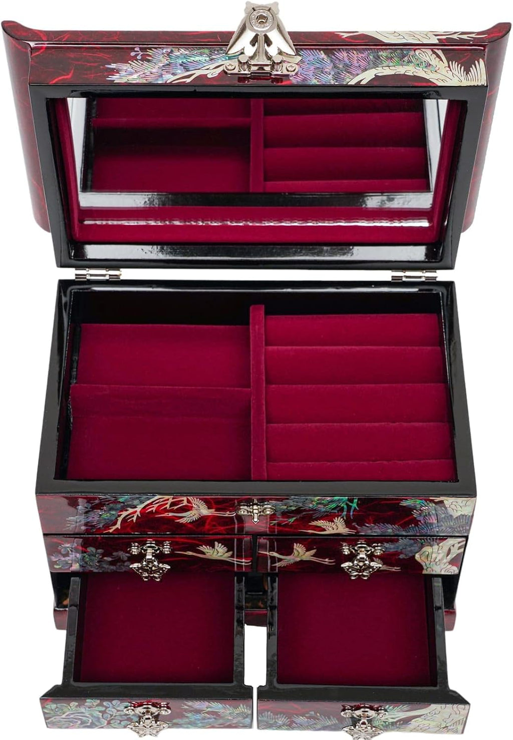 February Mountain Mother of Pearl Wooden Jewelry Organizer Box – Jewelry Storage Box for Women, Features Spacious Drawers, Ideal for Rings, Bracelets, Watches, Chains, Accessories (Crane_Red)