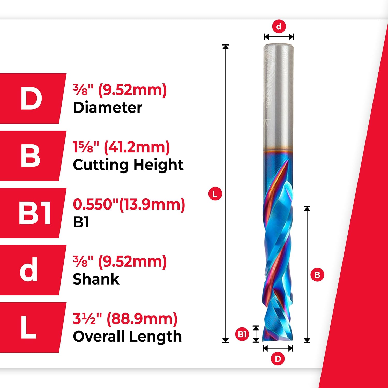 Amana Tool Spektra Extreme Tool Life Solid Carbide CNC Compression Spiral Router Bit, 46179-K, 3/8 D x 1-5/8 CH x 3/8 Shank x 3-1/2 Inch Long 2 Flute