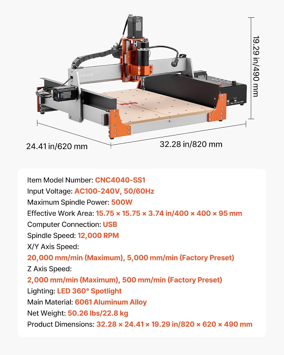 VEVOR CNC Router Machine, 500W Spindle, 3-Axis Wood Engraving Milling Machine, with Dual Linear Rails & Ball Screw, 15.75 x 15.75 x 3.74 in Working Area, Trim Router, for Wood Acrylic Carving Cutting
