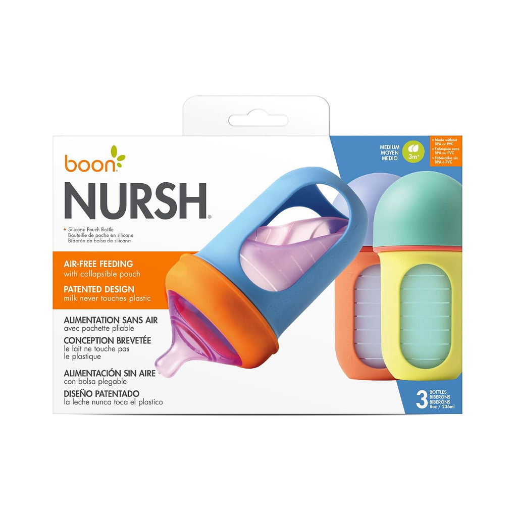 Boon Nursh Bottles - Silicone Baby Bottles Help Ease Colic Symptoms - Reusable Food-Grade Silicone Pouches with Polypropylene Shell - Medium Flow - 8 Oz - Color Block,(Pack of 36)