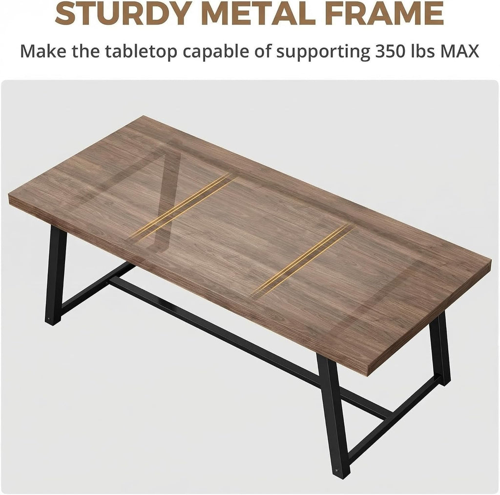IRONCK 71' Dining Table for 6-8 People, Industrial Kitchen Table with Sturdy Metal Frame, Rectangular Brown Wood Dinner Table for Dining Room