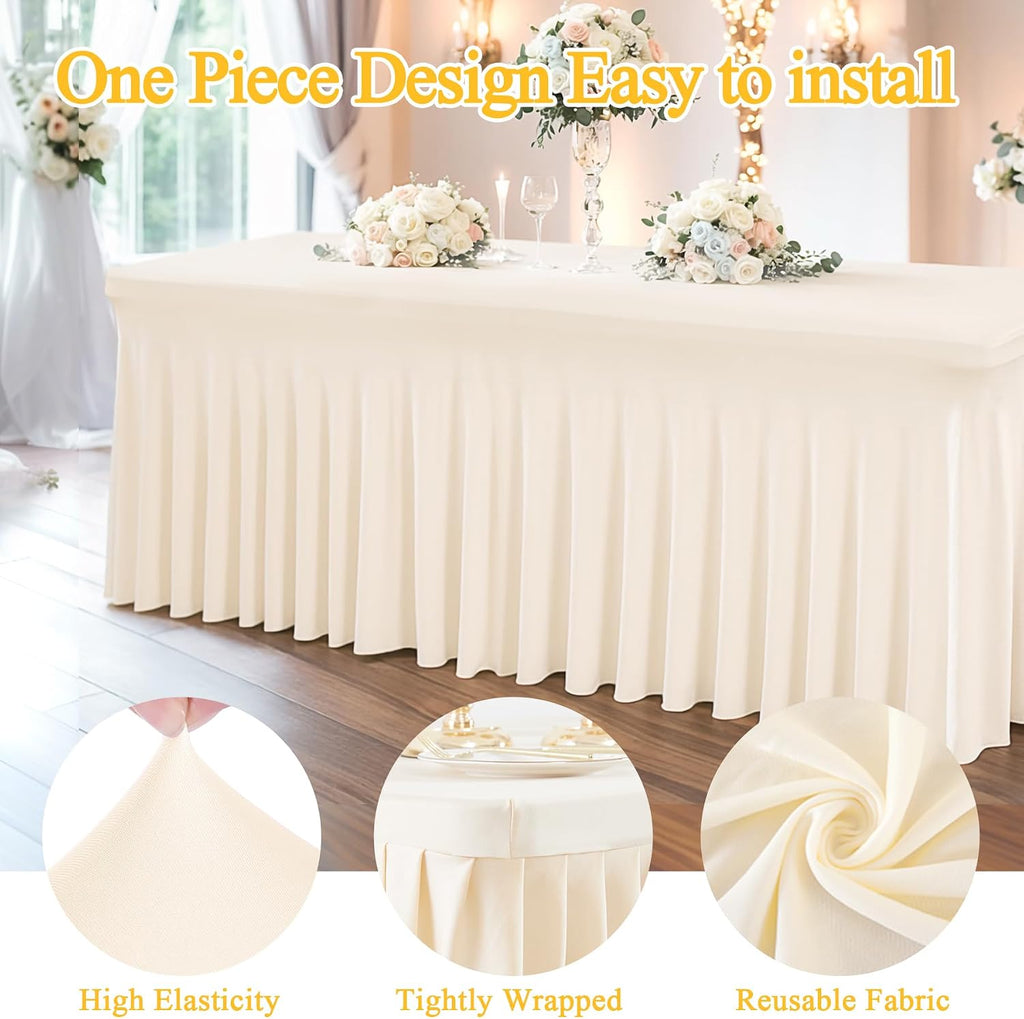 Shillance Ivory Spandex Table Covers 8ft, 6 Packs Fitted Table Covers for 8 Foot Tables Stretch Spandex Table Skirts Rectangle Tables for Event, Wedding, Banquet & Parties