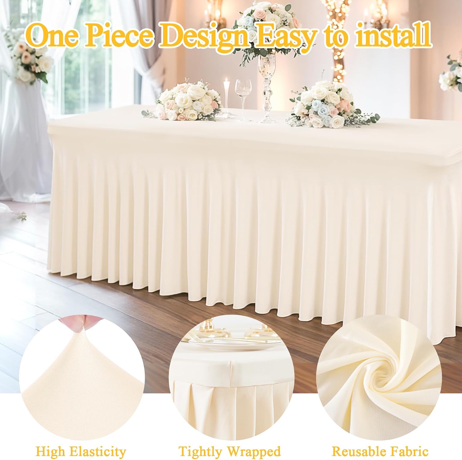 Shillance Ivory Spandex Table Covers 8ft, 6 Packs Fitted Table Covers for 8 Foot Tables Stretch Spandex Table Skirts Rectangle Tables for Event, Wedding, Banquet & Parties