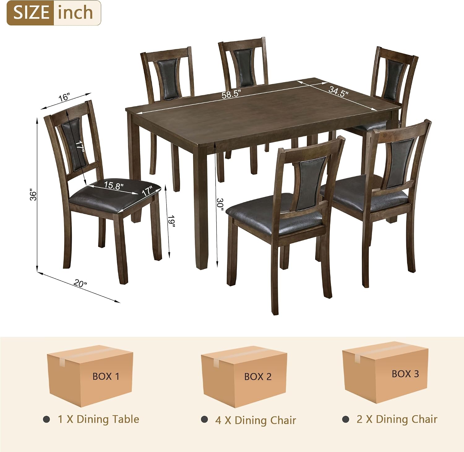 LUMISOL 7-Piece Modern Dining Table Set with Upholstered Chairs of 6, Wooden Rectangular Table for 6-8 People, Farmhouse Kitchen Set for Restaurant, Walnut