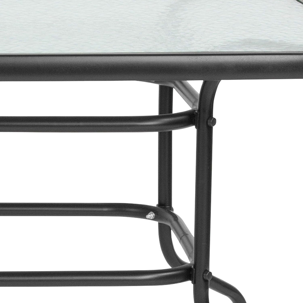 Flash Furniture Tory 31.5' x 55' Rectangular Tempered Glass Metal Patio Table with Umbrella Hole, Modern Rippled Glass Outdoor Dining Table, Black