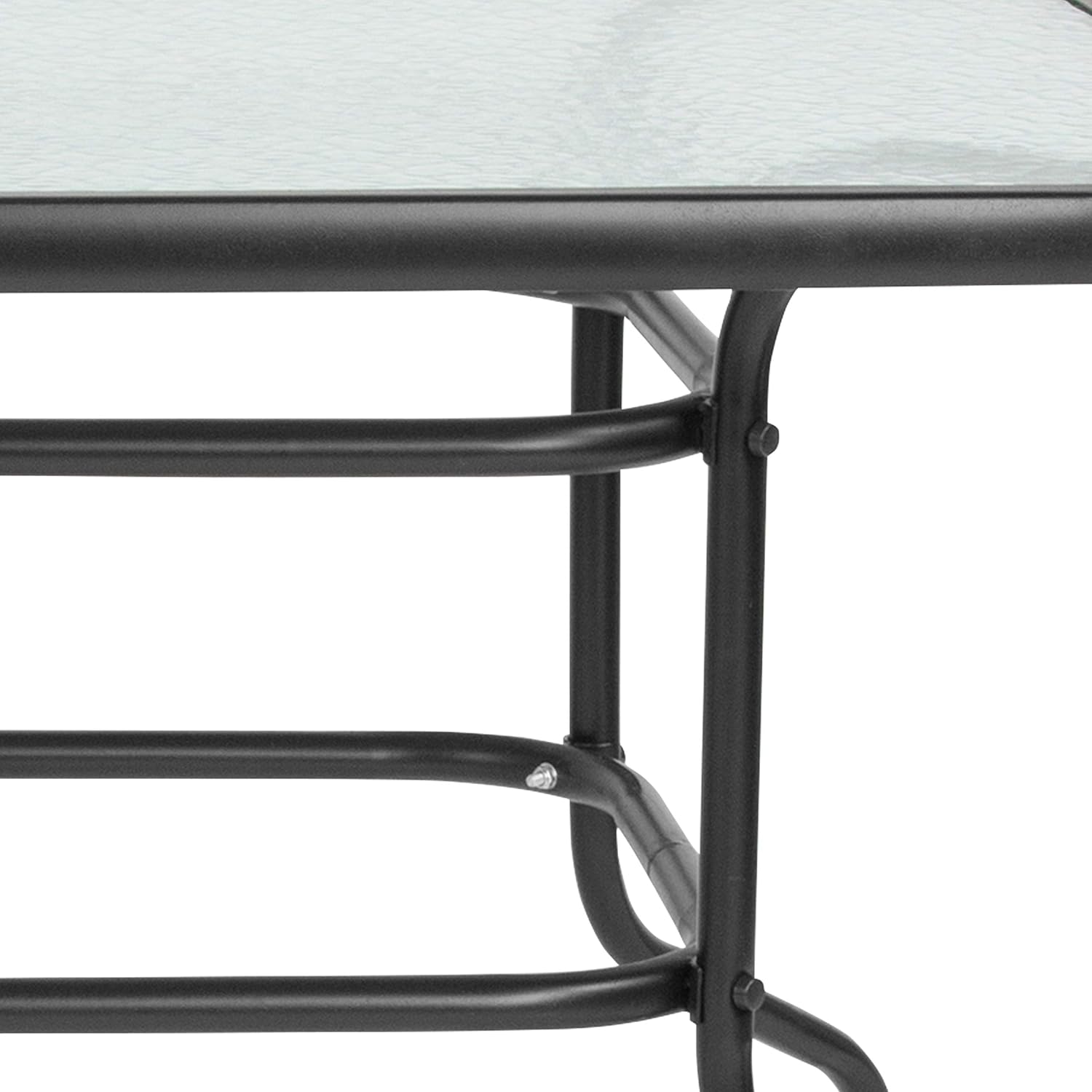 Flash Furniture Tory 31.5' x 55' Rectangular Tempered Glass Metal Patio Table with Umbrella Hole, Modern Rippled Glass Outdoor Dining Table, Black