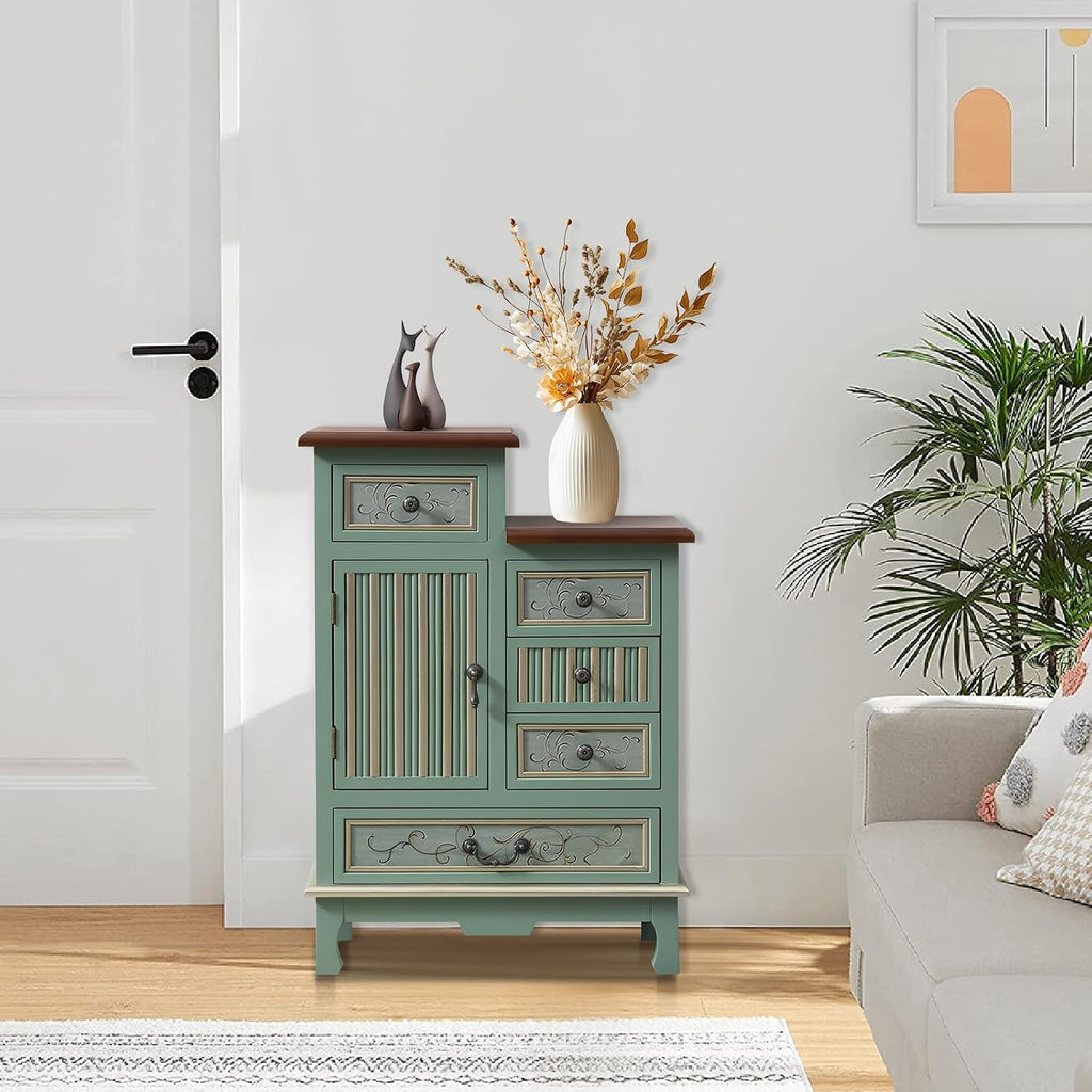 Ahokua Vintage Accent Chest with 5-Drawers and Door Carved Wood Storage Cabinet Modern Dresser for Living Room, Entryway, Hallway, Sage Green