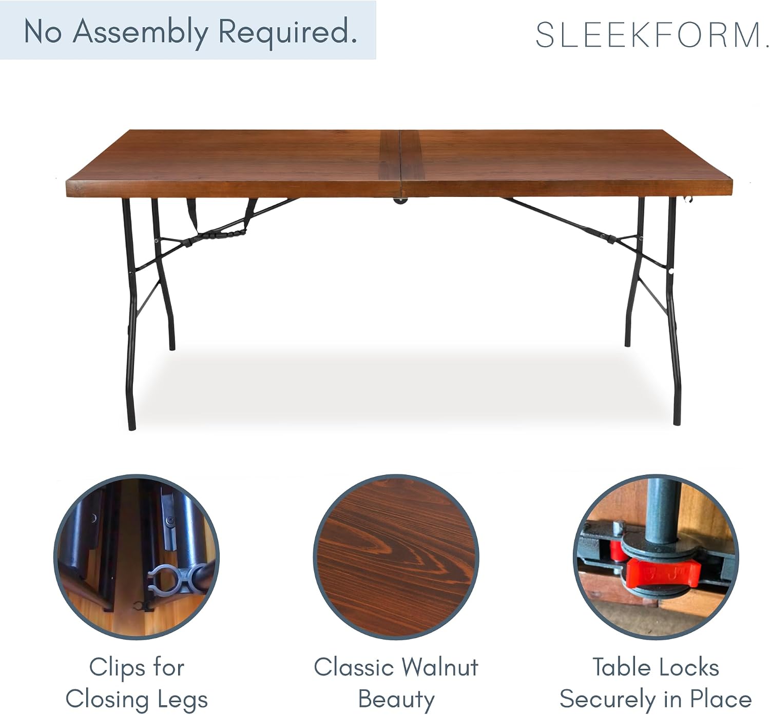 Sleekform 6ft Wooden Folding Table with Handle, Wood Folding Banquet Tables for Dinner - 6 Foot x 28 in, Portable, Sturdy & Lightweight Foldable Table for Dinner, Conference or Picnic - Walnut