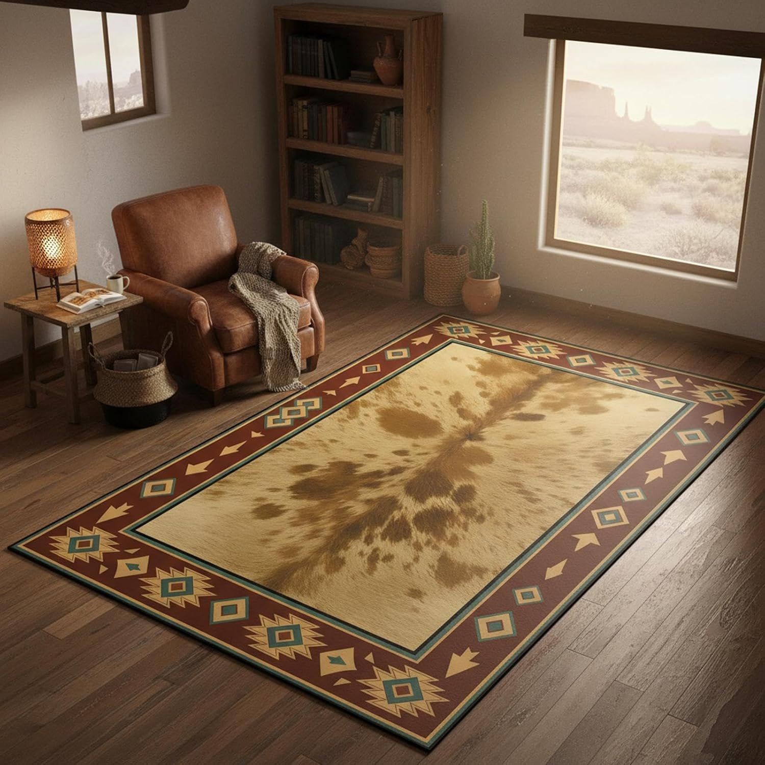 Western Cowhide Area Rug 5'x8' Southwestern Aztec Rustic Ranch Carpet, Faux Hide Print, Non Slip Washable Low Pile Rug for Living Room Bedroom Farmhouse Cabin Decor