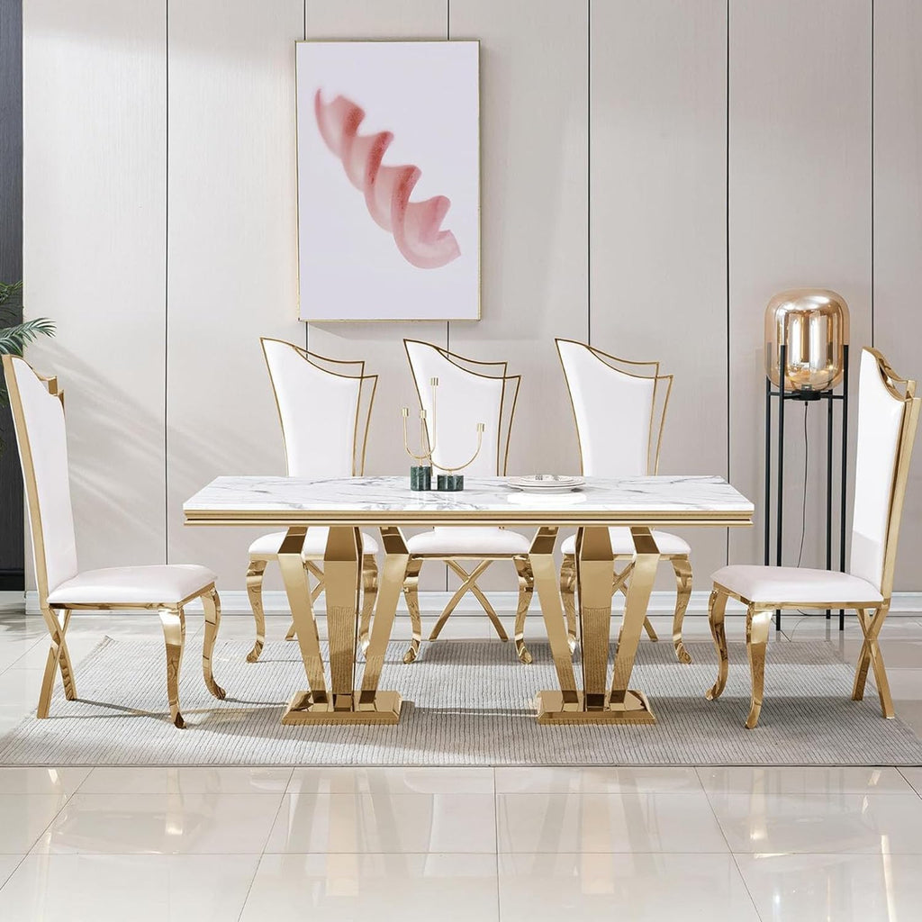 68' White Marble Dining Table for 6-8, Mid Century Modern Dining Table with Faux Marble Top & Gold Mirrored Dimaond Shape Stainless Steel Base, Luxury Rectangular Dinner Table for Kitchen Dining Room