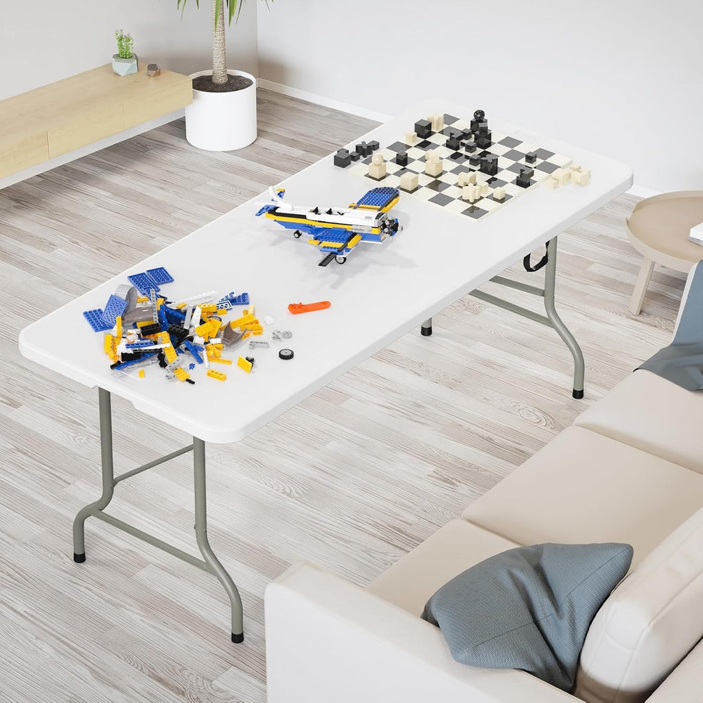 VINGLI 6-Foot Portable Plastic Folding Table,Rectangular HDPE Tabletop Foling Table for Indoor and Outdoor Use with Carrying Handle,White 100 Pack