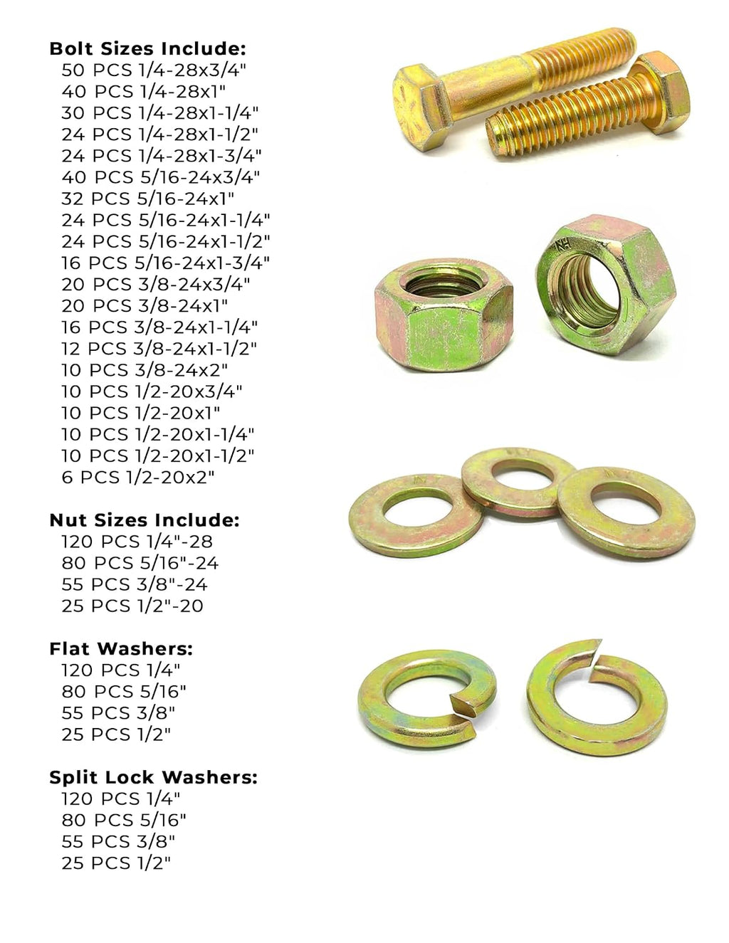 Grade 8 Hex Cap Screws Nuts Washers Fine Thread Zinc Yellow Assortment - 1268 Pieces