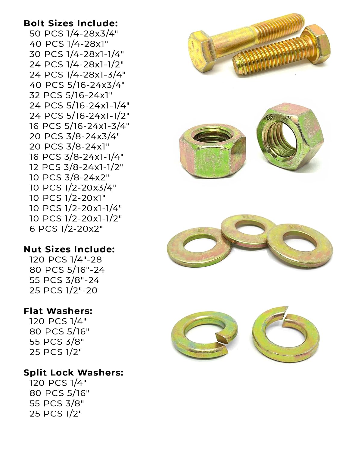 Grade 8 Hex Cap Screws Nuts Washers Fine Thread Zinc Yellow Assortment - 1269 Pieces