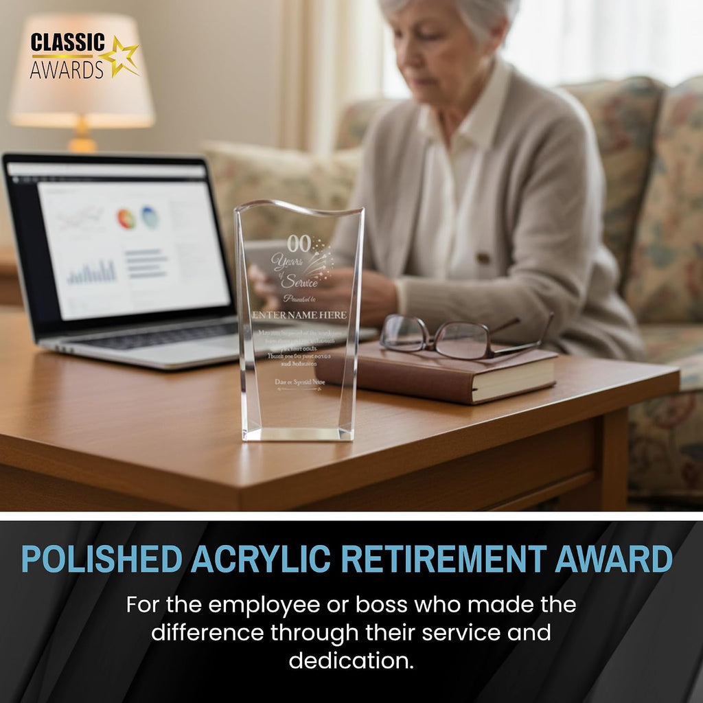 Personalized Acrylic Retirement Gifts For Men and Women, Laser Engraved Custom Trophy for Service Recognition, Years Of Service Retirement Trophy Award for Boss, Employee, Teacher (Crystal Facet Wave)