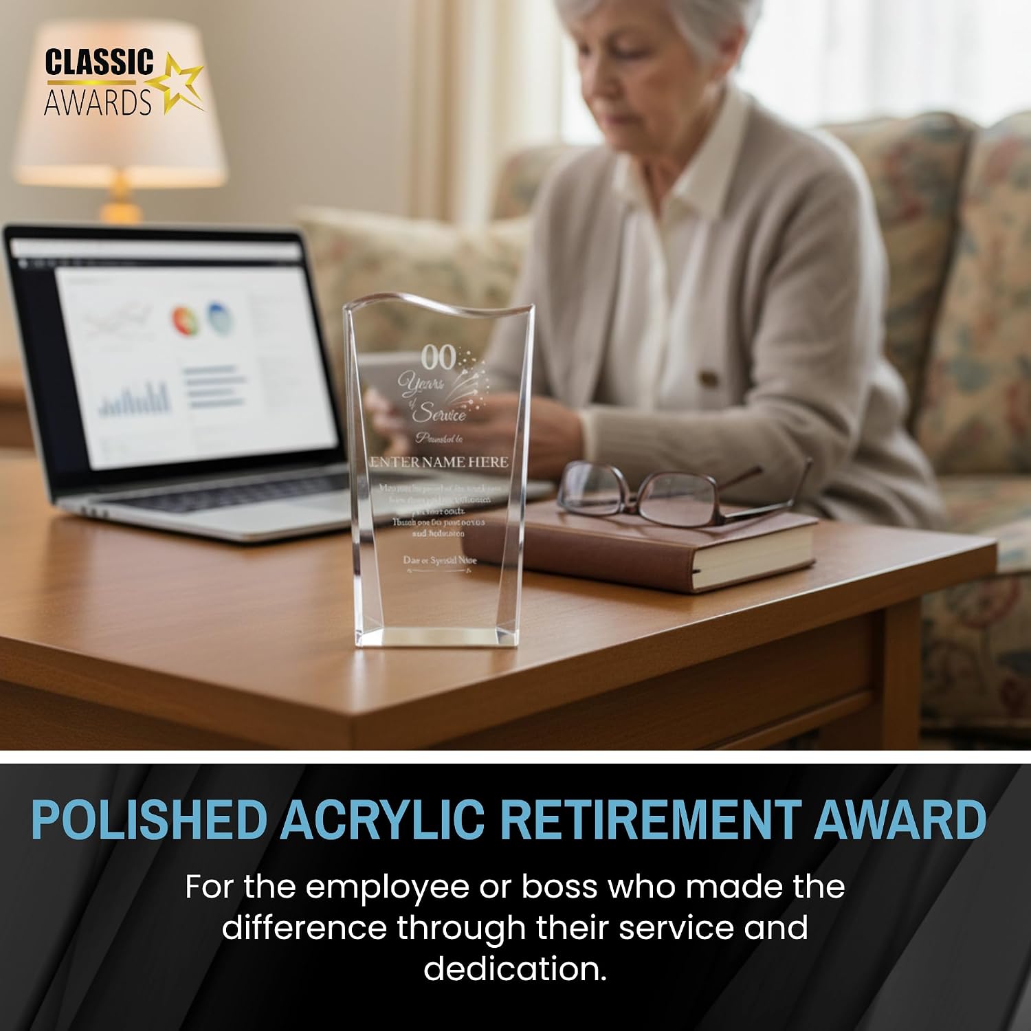 Personalized Acrylic Retirement Gifts For Men and Women, Laser Engraved Custom Trophy for Service Recognition, Years Of Service Retirement Trophy Award for Boss, Employee, Teacher (Crystal Facet Wave)