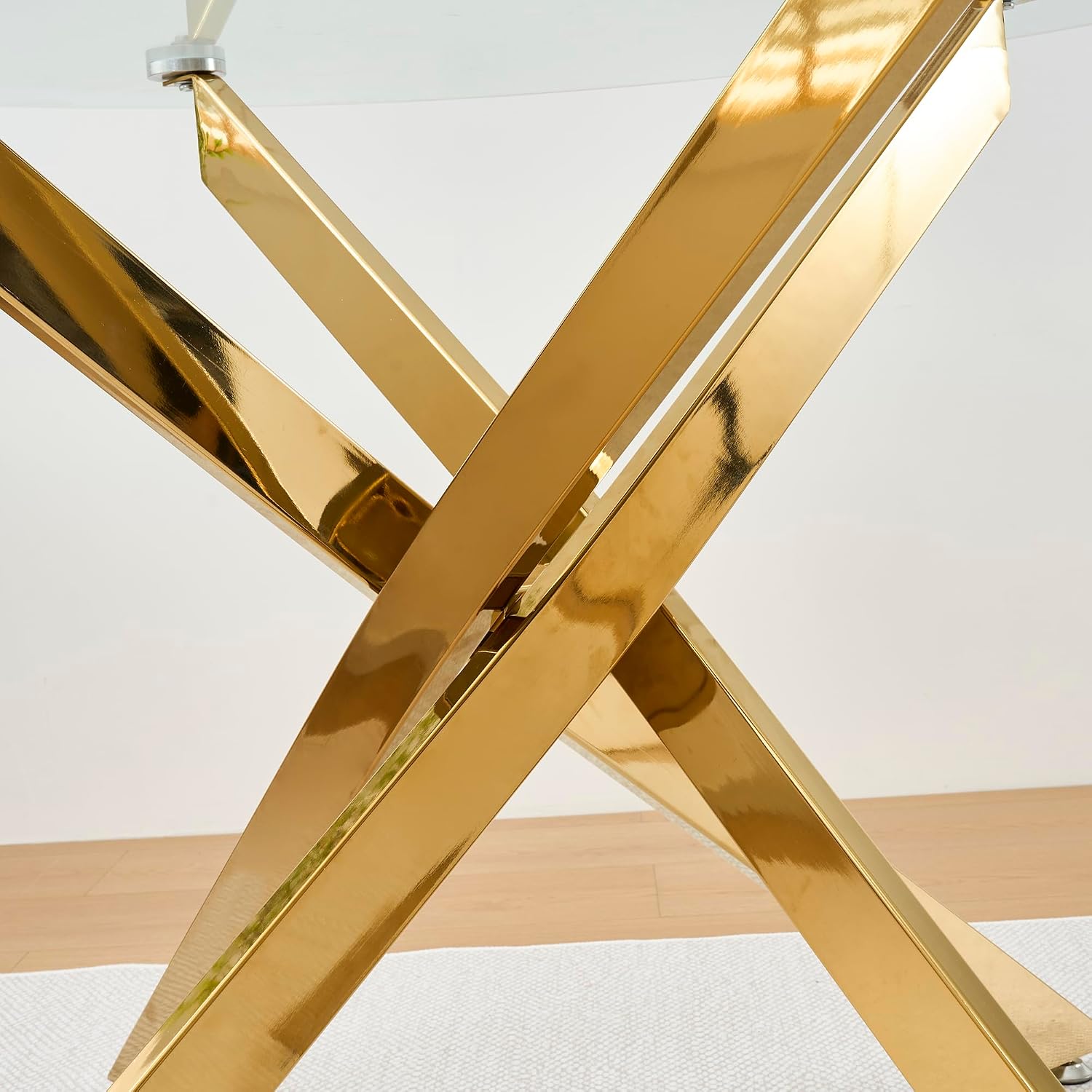 47.25' Round Dining Table for 6, Modern Clear Glass Kitchen Table for 6 with Gold X Metal Legs, Contemporary Small Circle Dining Room Leisure Tables for Kitchen Apartment