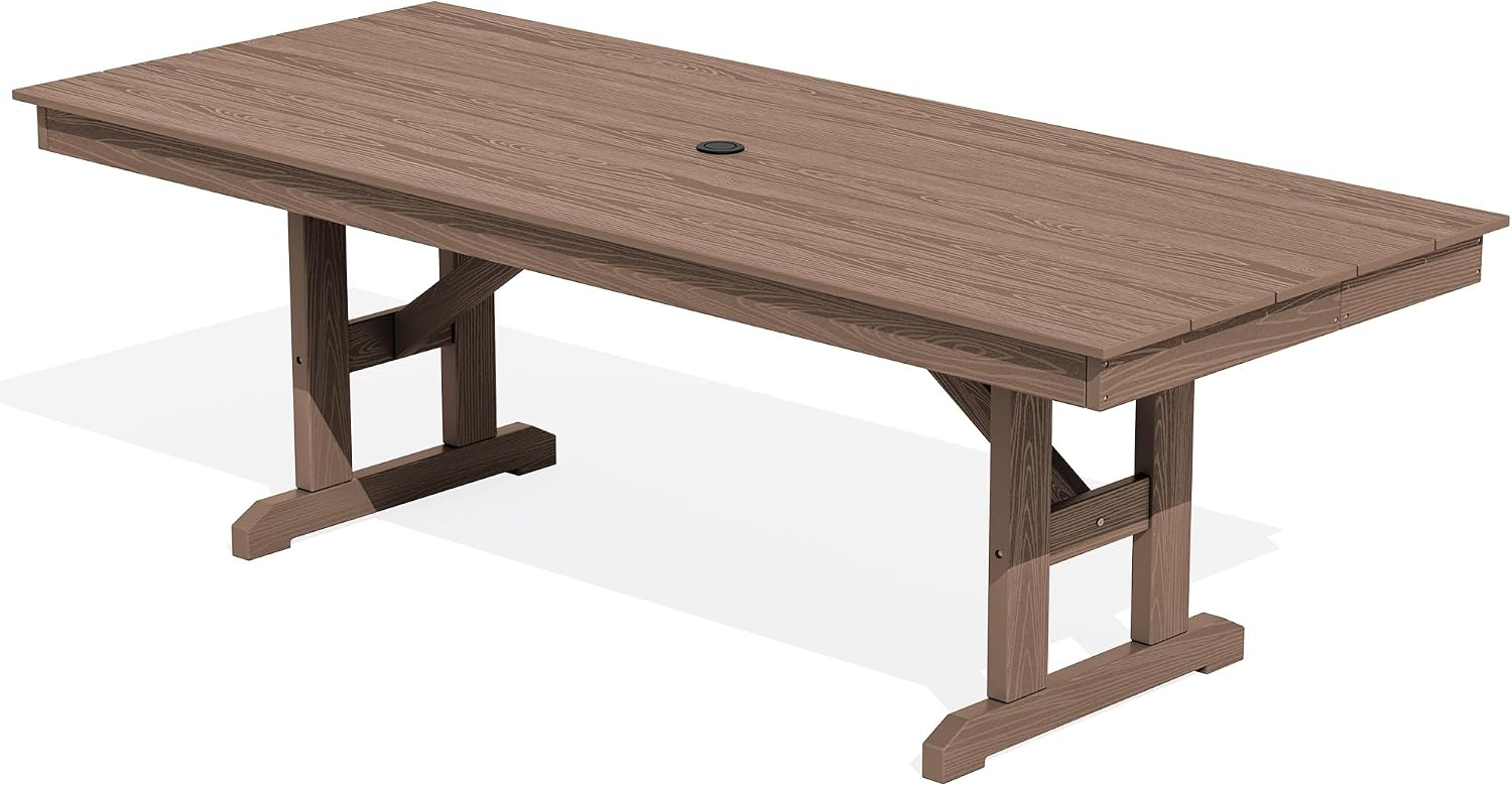 SERWALL Outdoor Dining Table, 84' Rectangular Dining Table for 6-10 Person, All Weather HDPE Patio Dining Table with Umbrella Hole for Backyard, Garden, Brown