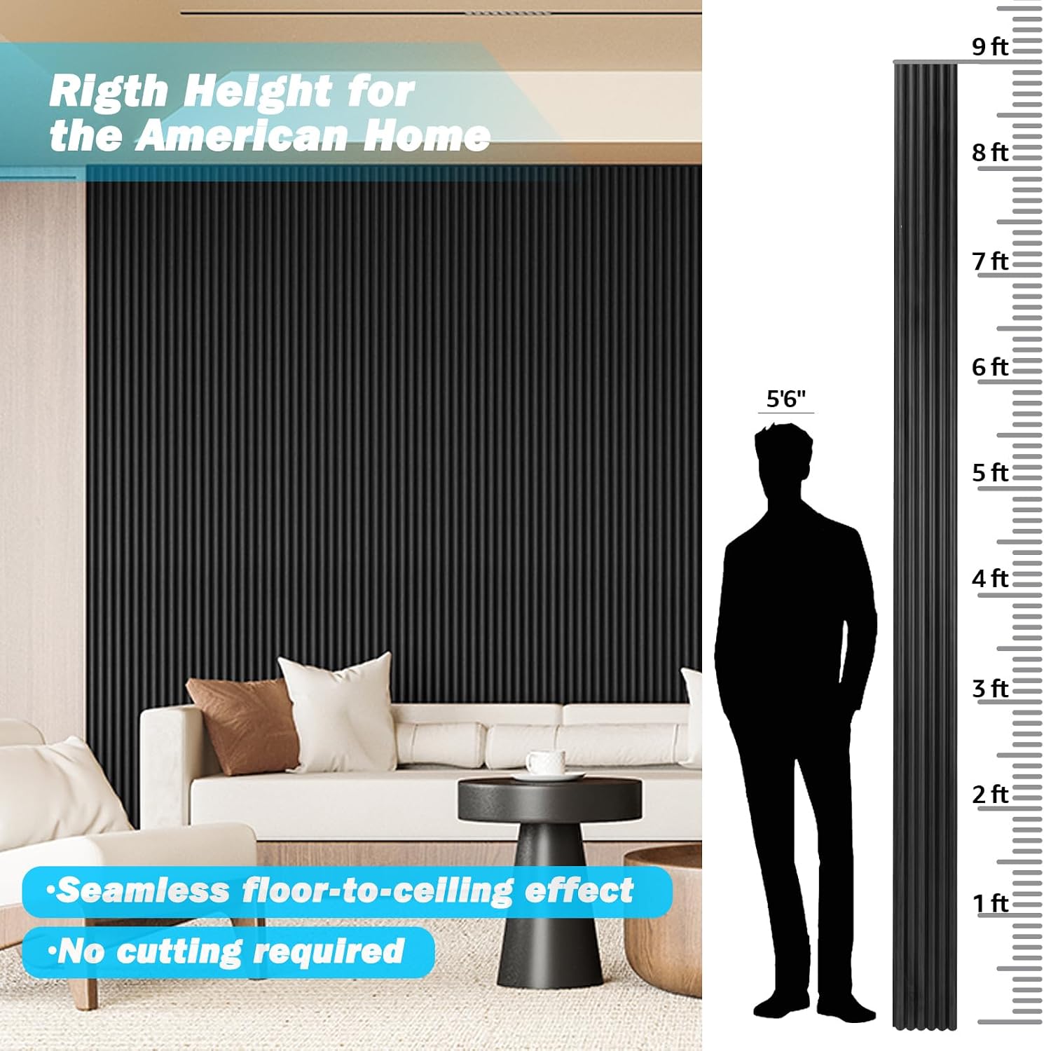 Art3d Fluted Wood Panel - 108 x 5.7 x 0.7in for Wall & Ceiling, Beaded Accent Molding for Home Decoration, Pack of 4pcs + 1pc End-Trim, Beaded Black