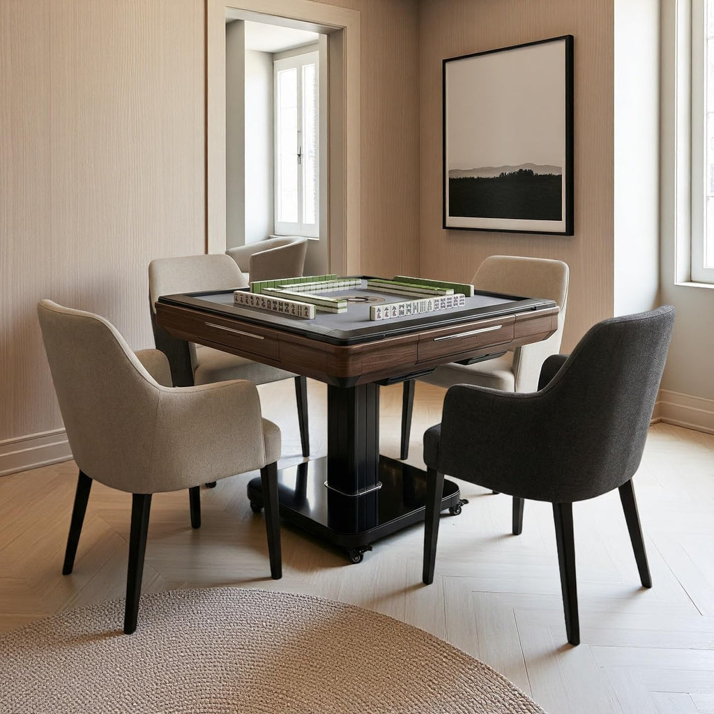 Foldable Ultra-Thin Automatic Mahjong Table with Wheels, Mahjong Table Set with American Chinese & Filipino Style 42mm Numbered Tiles (with Hard Table Cover)