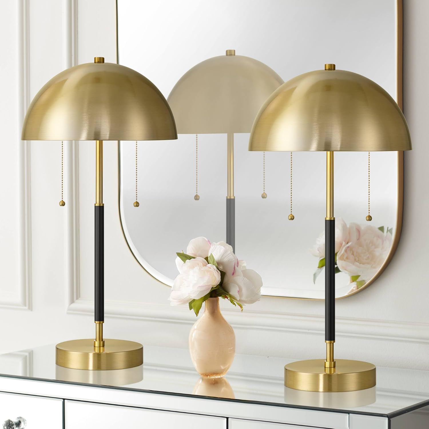 360 Lighting Pierre 23' H Gold Black Metal Dome Pull Chain USB Table Lamp Set of 2