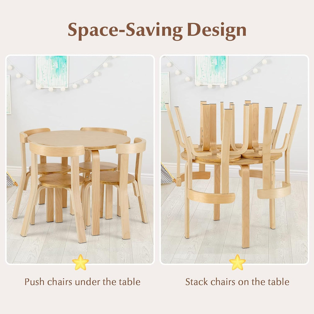 Costzon Kids Table and Chair Set, 5-Piece Wooden Activity Desk Set w/Toy Bricks, Classroom Playroom Daycare Furniture for Playing, Drawing, Reading, Bentwood Toddler Table and Chairs (Natural)