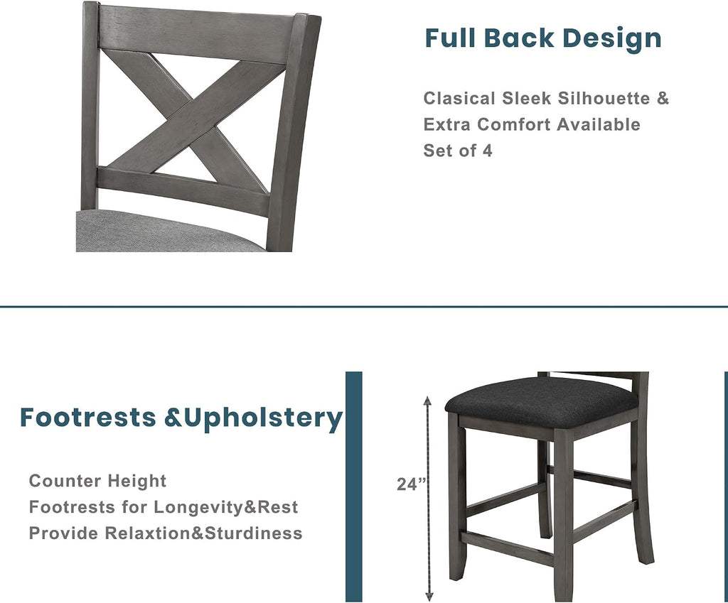5 Pieces Counter Height Wooden Bar Table Set with 3-Tier Shelf and 4 Chairs, Rustic Farmhouse Dining Table Set for 4, Gray