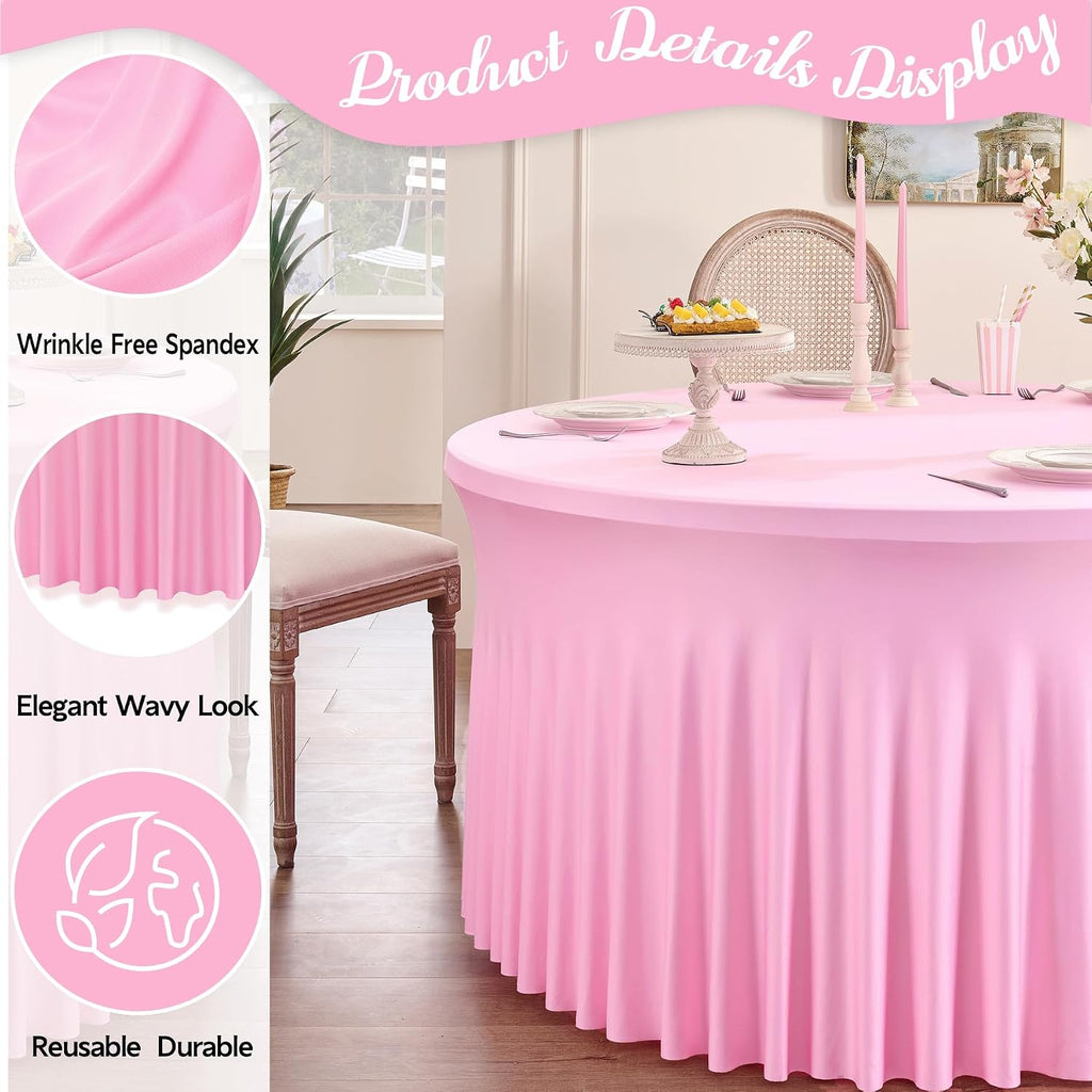 Outpain 8 Pack Pink 72inch Spandex Round Tablecloths, Stretchy 132inch Fitted 6FT Round Table Cloths, Wrinkle Free Table Cover with Skirt for Wedding Party Dining Banquet