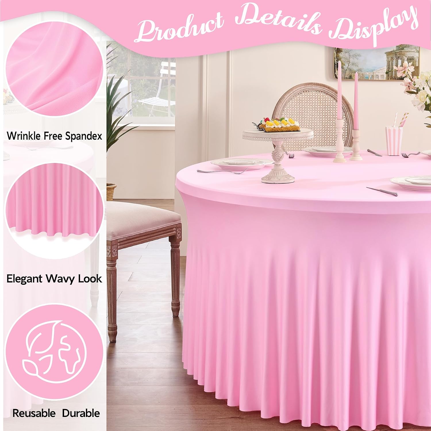 Outpain 8 Pack Pink 72inch Spandex Round Tablecloths, Stretchy 132inch Fitted 6FT Round Table Cloths, Wrinkle Free Table Cover with Skirt for Wedding Party Dining Banquet