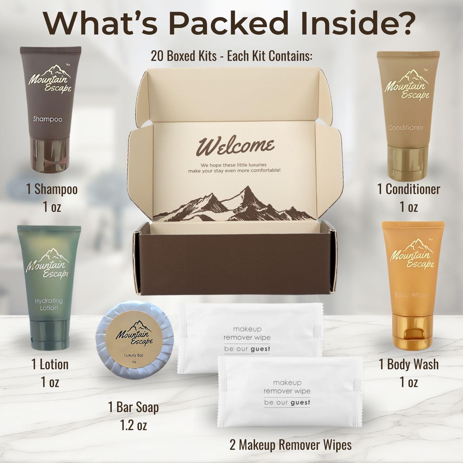 20 Display Ready Boxed Amenity Kits with Premium Hotel Toiletry Essentials - 1 oz Shampoo, Conditioner, Body Wash, Body Lotion, 1.2 oz Guest Soap & 2 Makeup Remover Wipes - Air bnb & Vacation Rentals