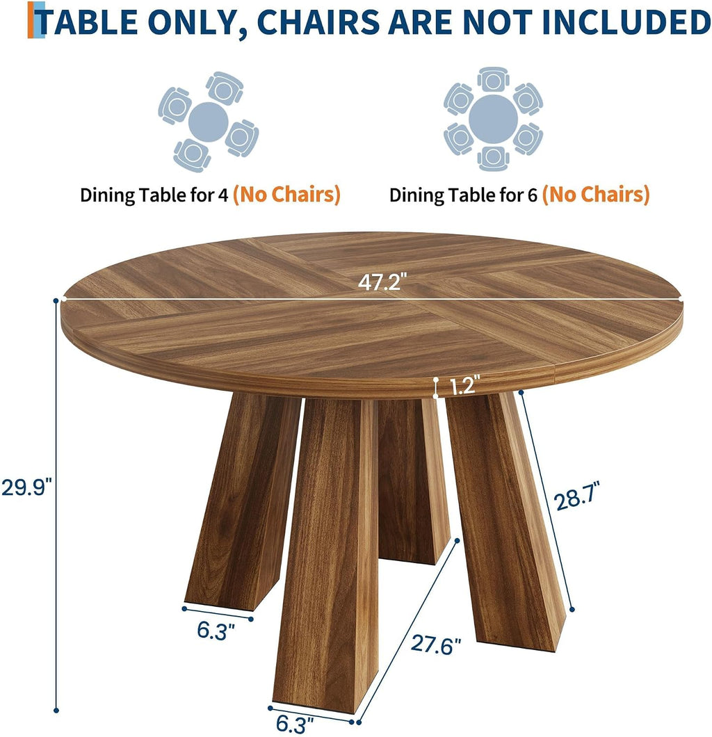 IDEALHOUSE 47' Round Dining Table for 4-6, Wood Kitchen Table with Sturdy Base, Farmhouse Circle Dinner Table for Dining Room, Living Room, 4 Strong Legs, Walnut