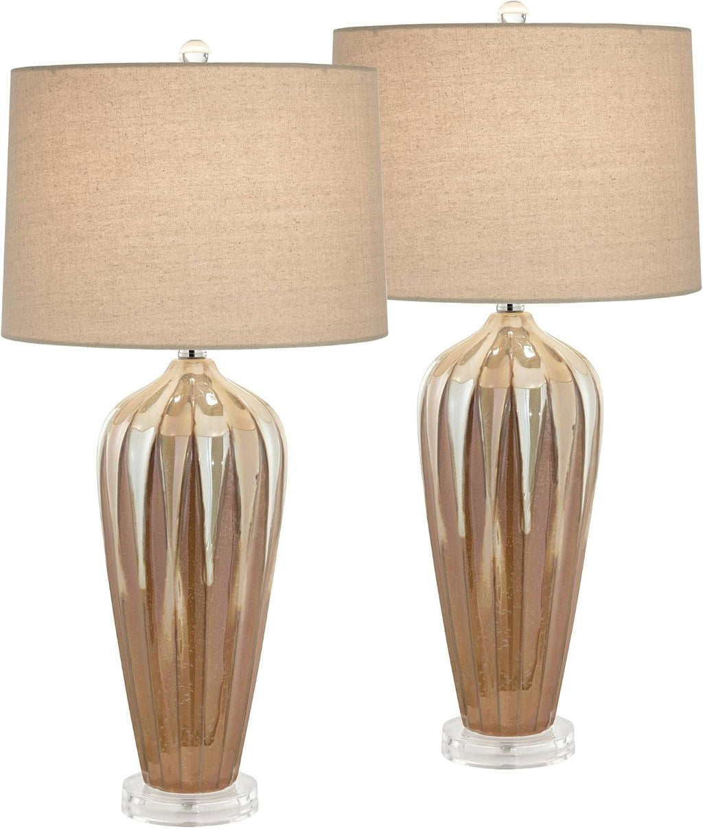 Possini Euro Design Loren 28 1/4' Tall Modern End Table Lamps Set of 2 Ivory Handcrafted Brown Ceramic Living Room Bedroom Bedside Nightstand House Office Home Reading Kitchen Entryway Console