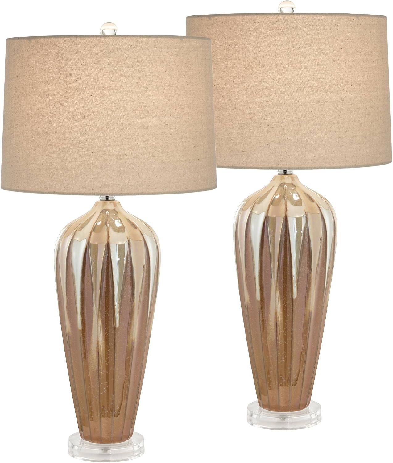 Possini Euro Design Loren 28 1/4' Tall Modern End Table Lamps Set of 2 Ivory Handcrafted Brown Ceramic Living Room Bedroom Bedside Nightstand House Office Home Reading Kitchen Entryway Console