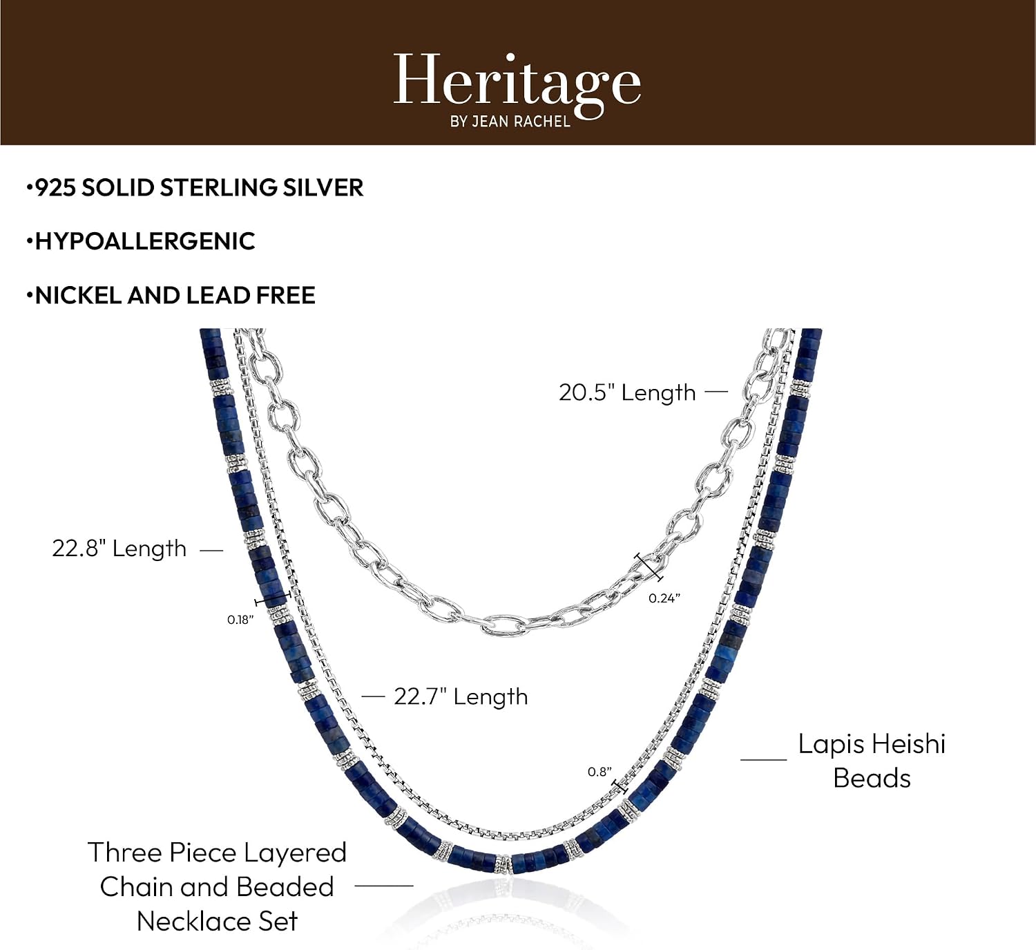 JEAN RACHEL JEWELRY Men's 3-Piece Necklace Layering Set - Hammered Link Chain, Sleek Box Chain & Lapis Lazuli Beads - Royal Blue Bundle