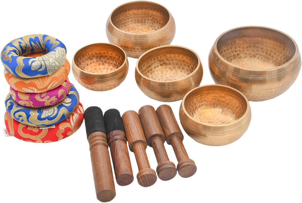 Tibetan Singing Bowl Set - Authentic Cuencos Tibetanos for Sound Healing, Meditation & Chakra Balancing - Includes Cushion, Mallet-Unique Spiritual Gifts for Women and Men (5 Chakra Set)