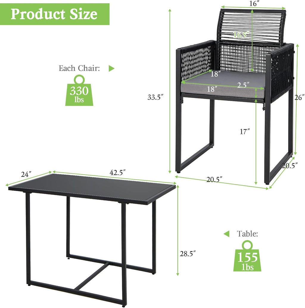 Tangkula 3 Pieces Outdoor Dining Set, Patio PE Rattan Furniture Set with Folding Backrest, Cozy Seat Cushions, Tempered Glass Tabletop, Space-Saving Rattan Chair Table Set for Backyard, Poolside