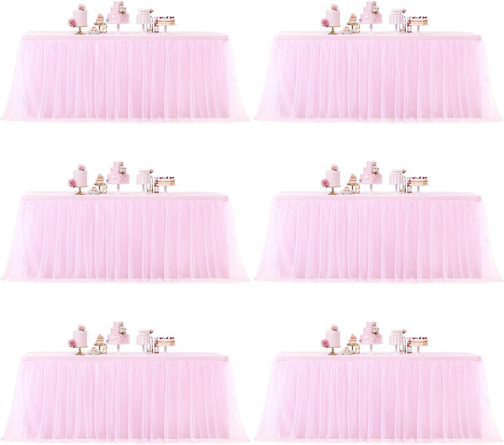 Pink Table Cloths for Parties Light Pink Tulle Tablecloth Rectangle, Pink Tulle Table Skirt Rectangle Table 6ft Fitted Table Covers Stretch Elastic Banquet Party Baby Shower Wedding Table Cloth 6 Foot