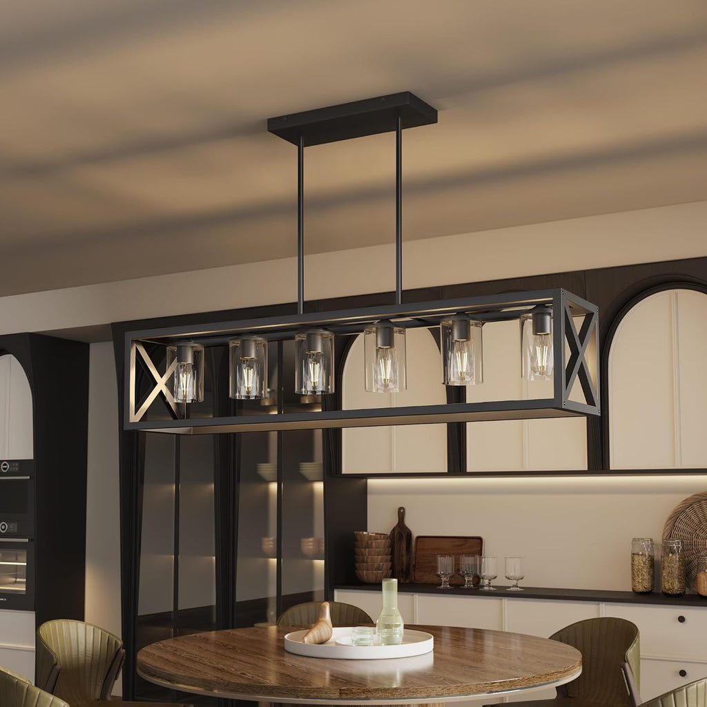 Farmhouse Dining Room Light Fixture - 6 Light Kitchen Island Lighting with Adjustable Height & Thickened Metal Dining Room Light Fixture Over Table，Chandeliers for Dining Room&Kitchen Island